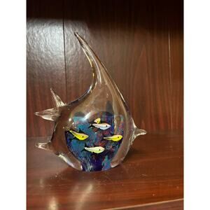 Murano Style Blown Art Glass Angelfish Paperweight with swimming school of fish